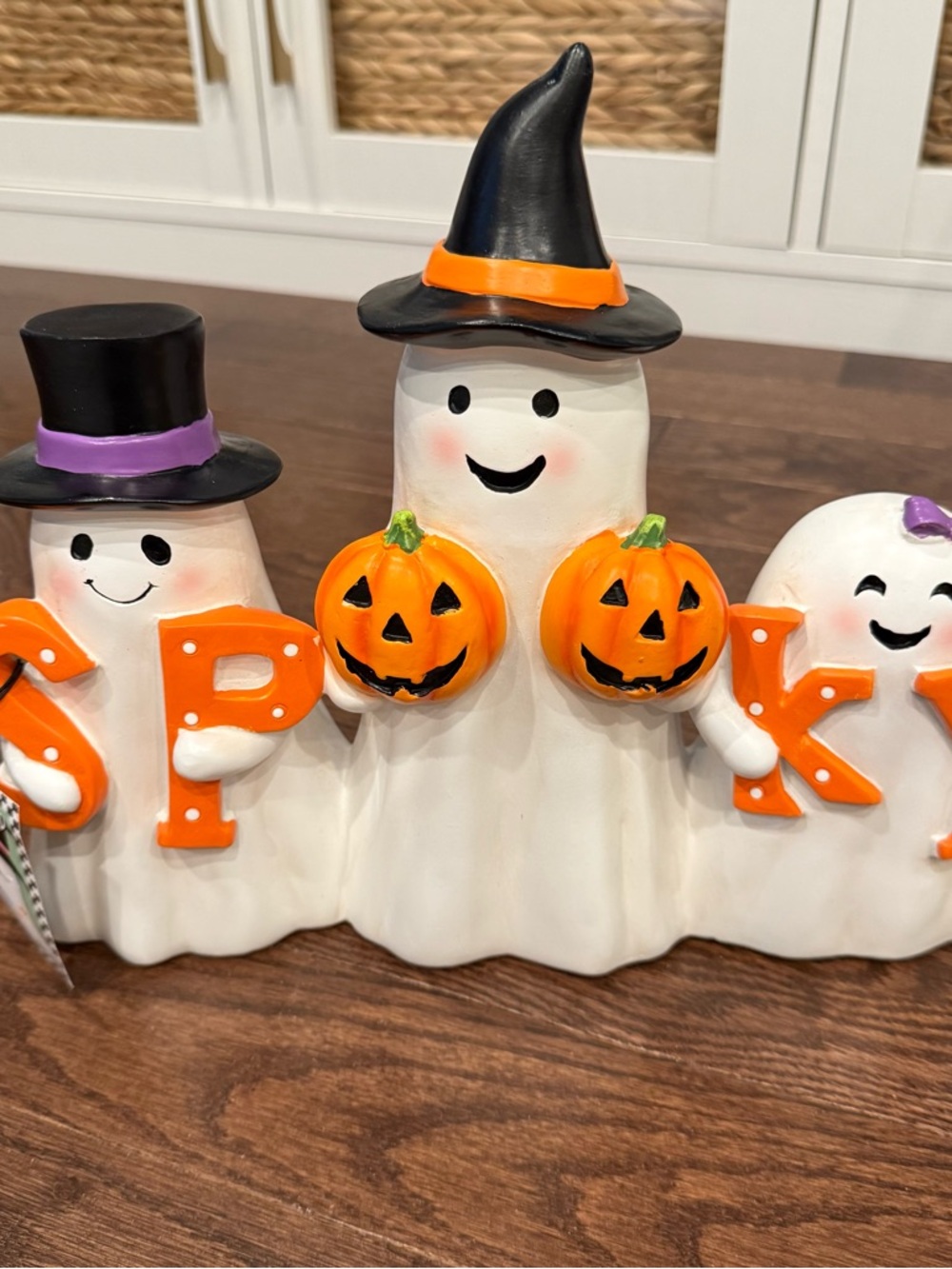 Charmed Halloween Ghost Figurine with Orange Pumpkin Accent spelling Spooky